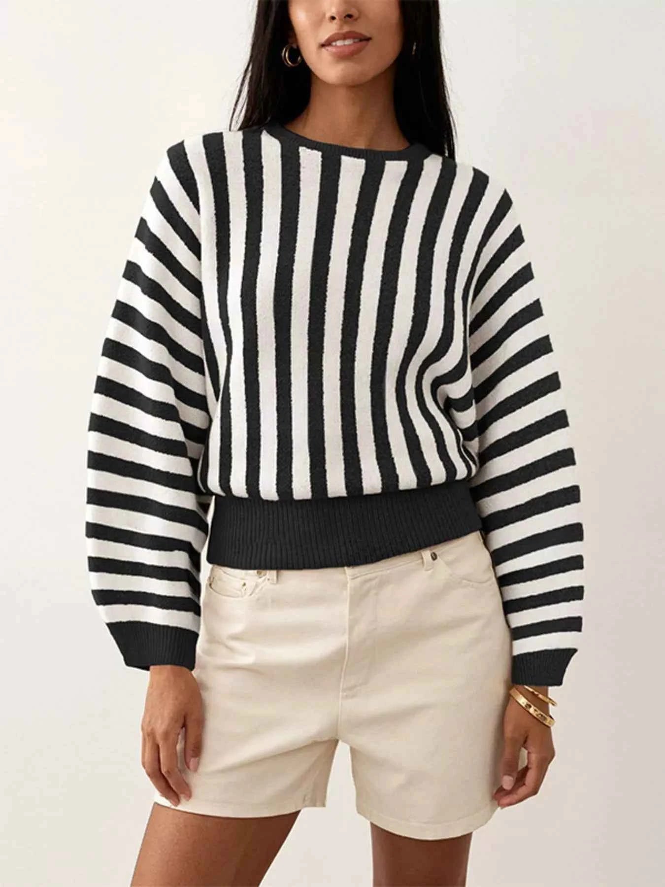 Striped Crew Neck Sweater Trendsi Black S