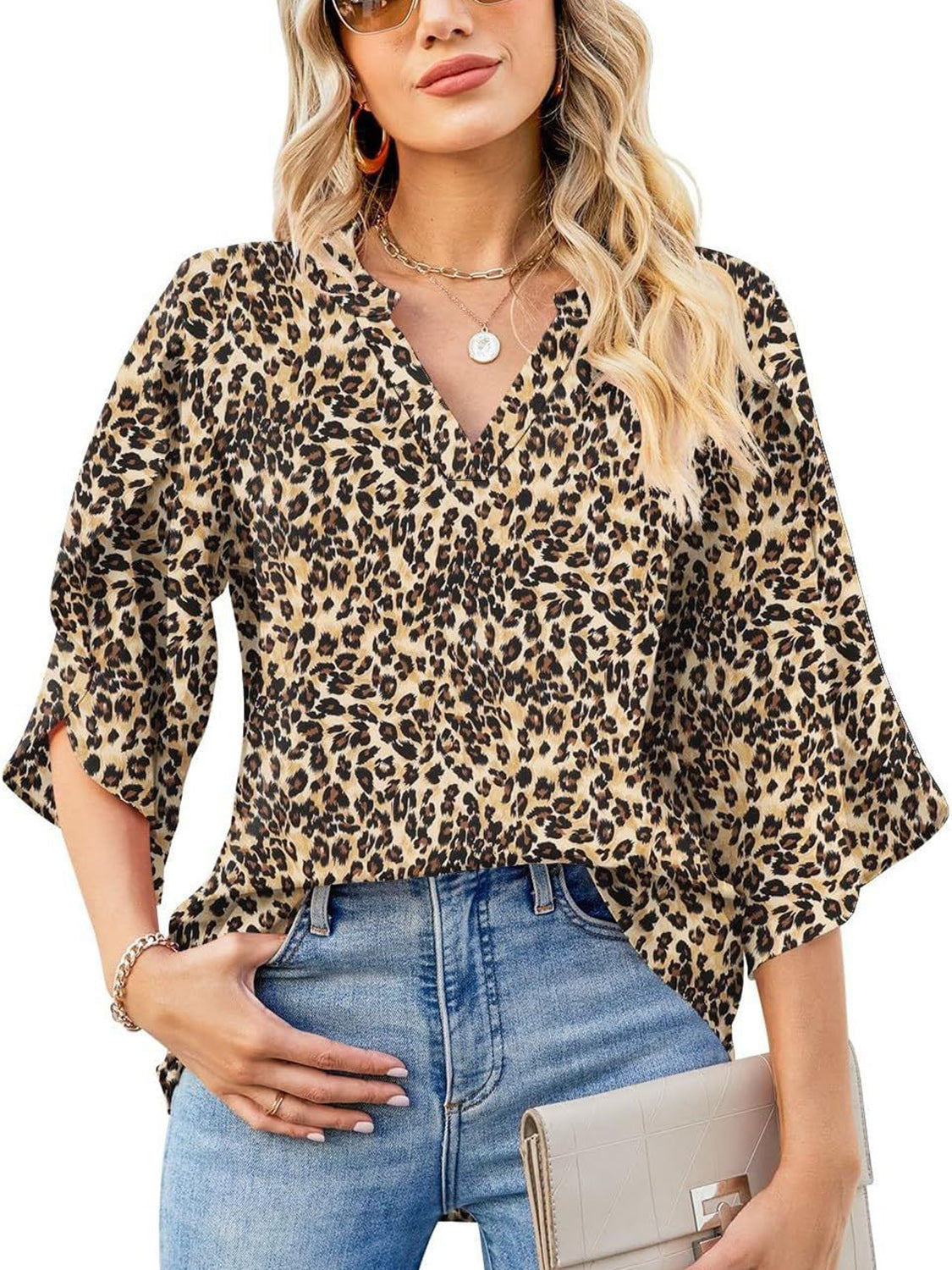 TEEK - Printed Notched Widened Half Sleeve Blouse TOPS TEEK Trend   