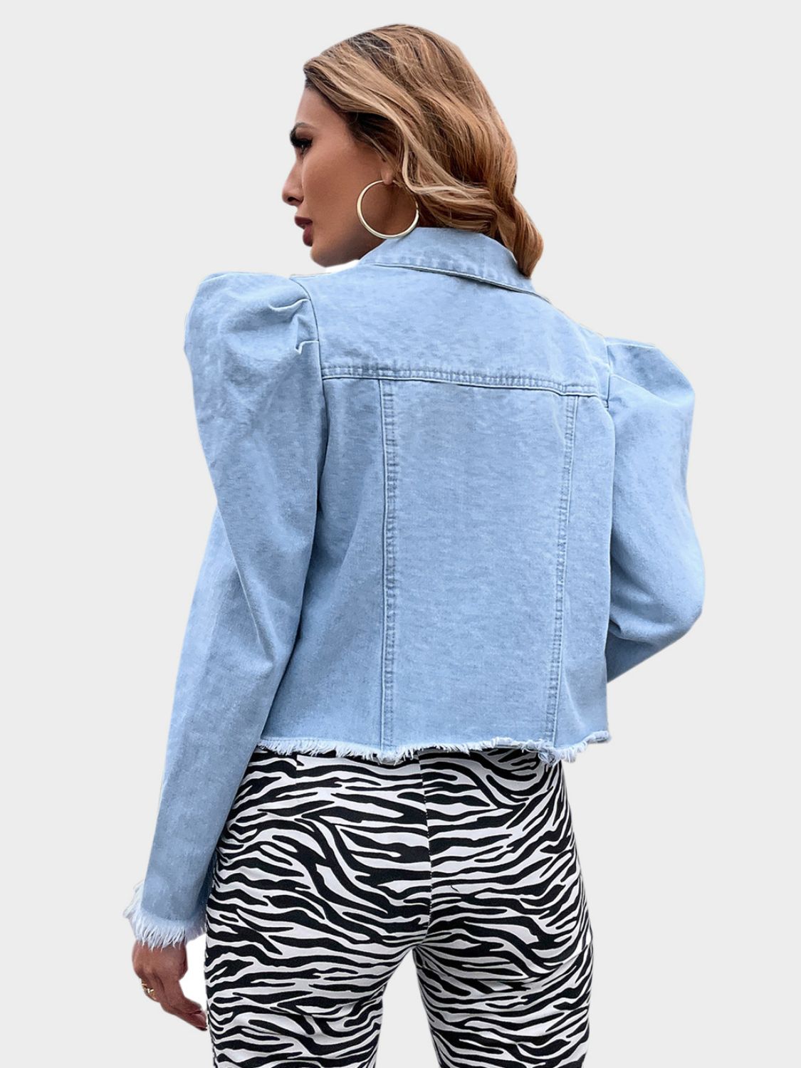 Raw Hem Collared Neck Puff Sleeve Denim Top TEEK Trend