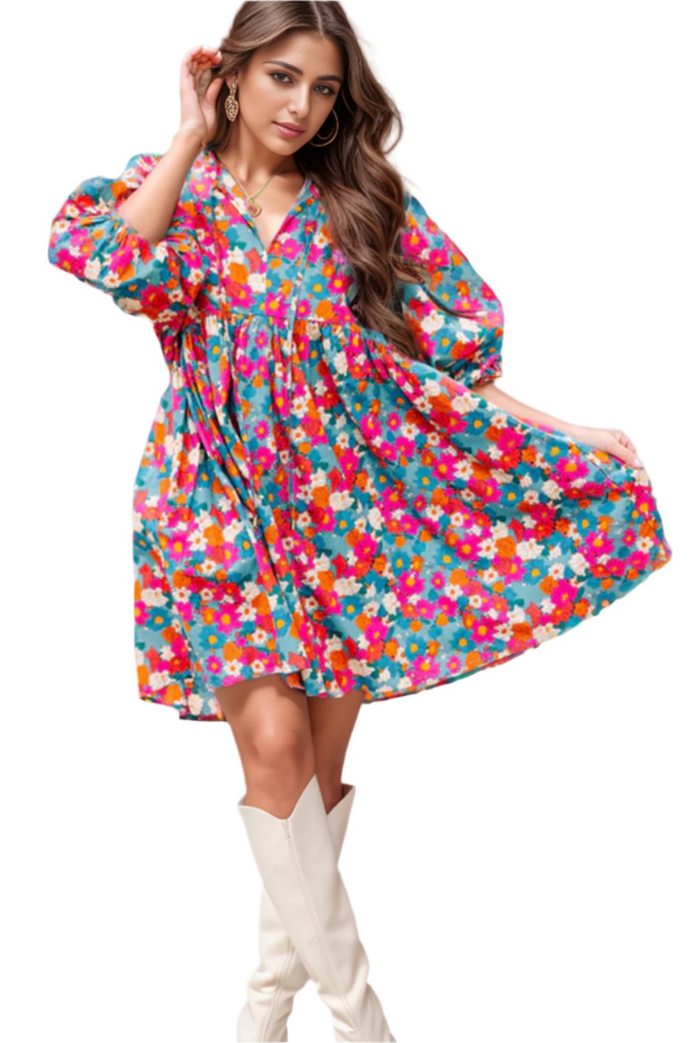 TEEK - Floral Tie Neck Puff Sleeve Dress DRESS TEEK Trend S  