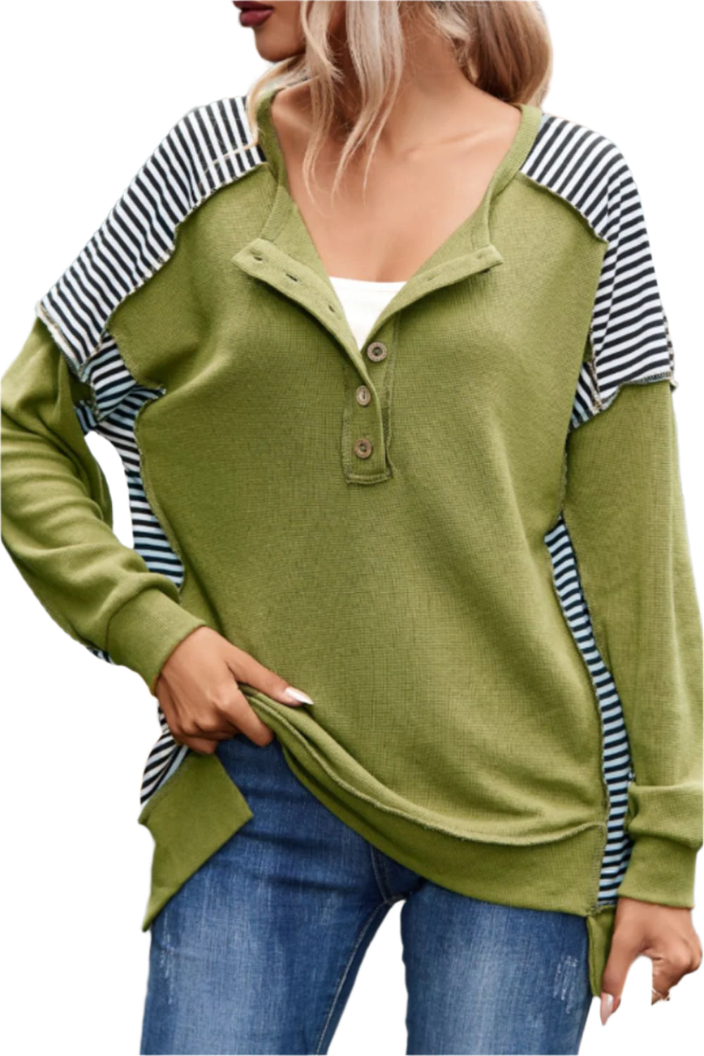 TEEK - Moss Striped Exposed Seam Half Button Sweatshirt TOPS TEEK Trend S