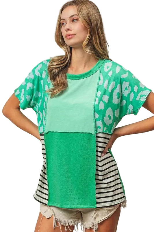 TEEK - Leopard and Stripe Color Block Top With Exposed Seam TOPS TEEK Trend MINT COMBO S