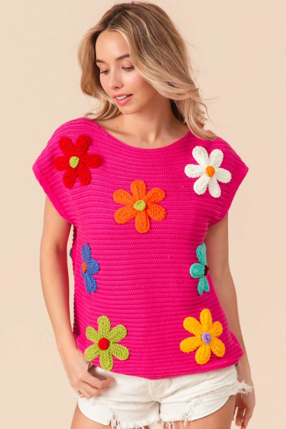 TEEK - Fuschia Flower Round Neck Cap Sleeve Knit Top SWEATER TEEK Trend   