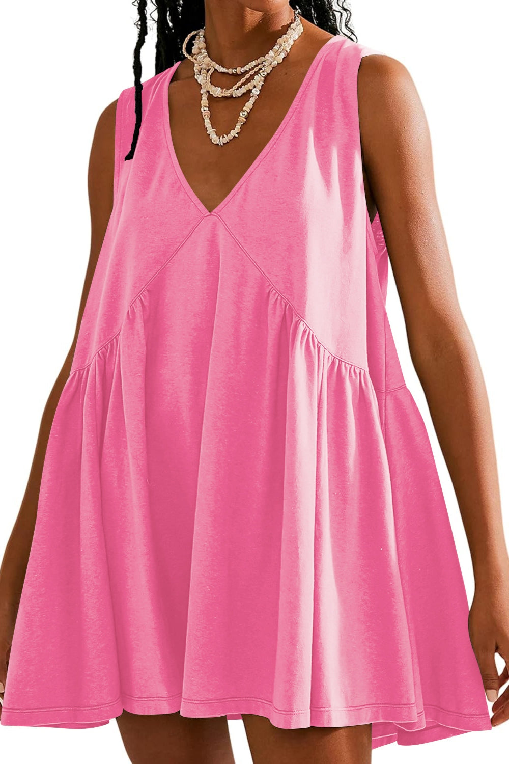 TEEK - Plunge Wide Strap Tank Dress DRESS TEEK Trend Hot Pink S 