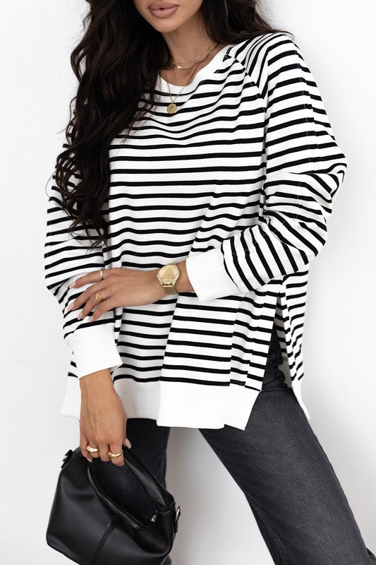 TEEK - Black Stripe Raglan Sleeve Side Slits Loose Sweatshirt TOPS TEEK FG