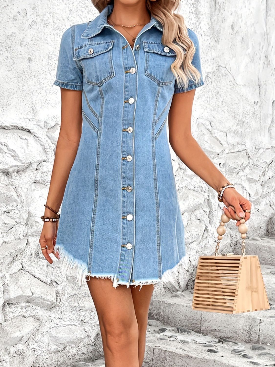 TEEK - Raw Hem Button Up Short Sleeve Light Wash Denim Dress  TEEK Trend   