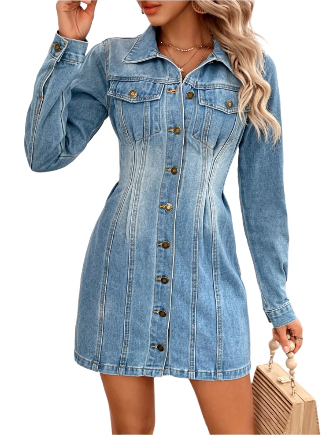 TEEK - Pocketed Button Up Long Sleeve Medium Wash Denim Dress  TEEK Trend XS  