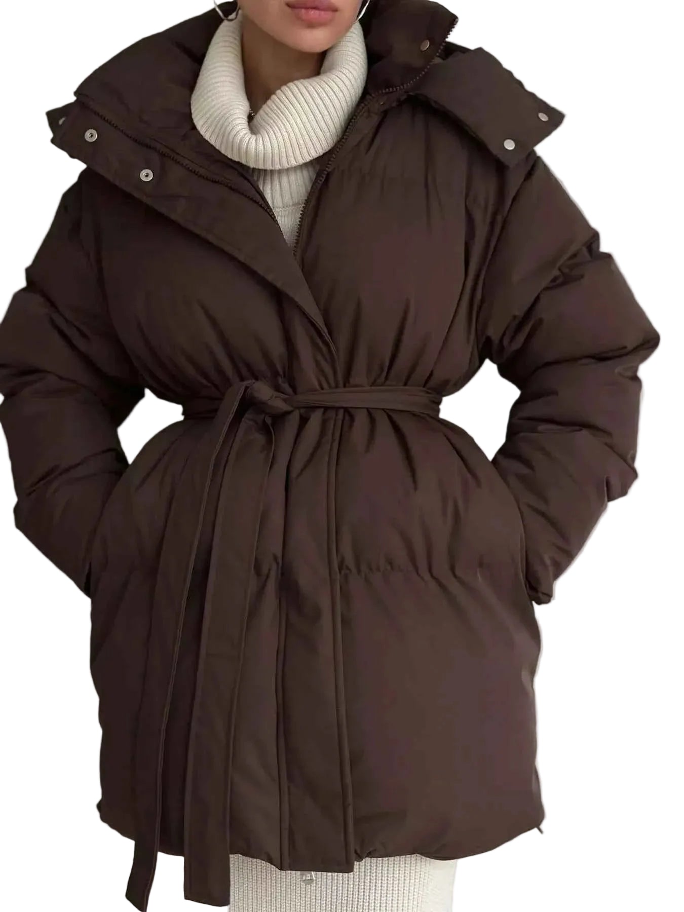 TEEK - Mid-Length Thickened Hooded Winter Belted Coat COAT TEEK Trend Dark Brown S