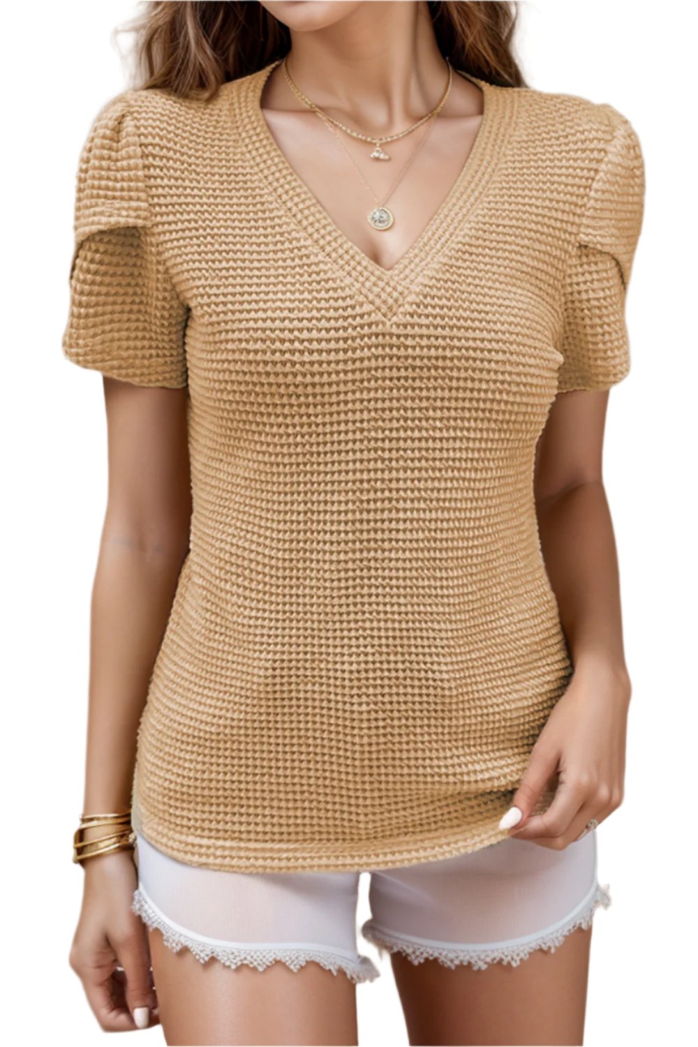 TEEK - Textured V-Neck Petal Sleeve Blouse TOPS TEEK Trend Camel S 