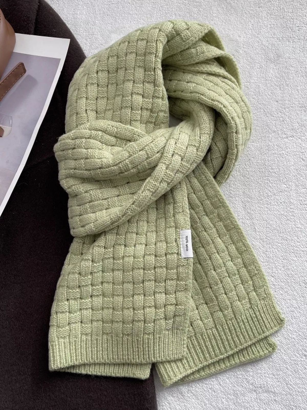 Wool Woven Pattern Knitted Scarf Trendsi Sage ONESIZE