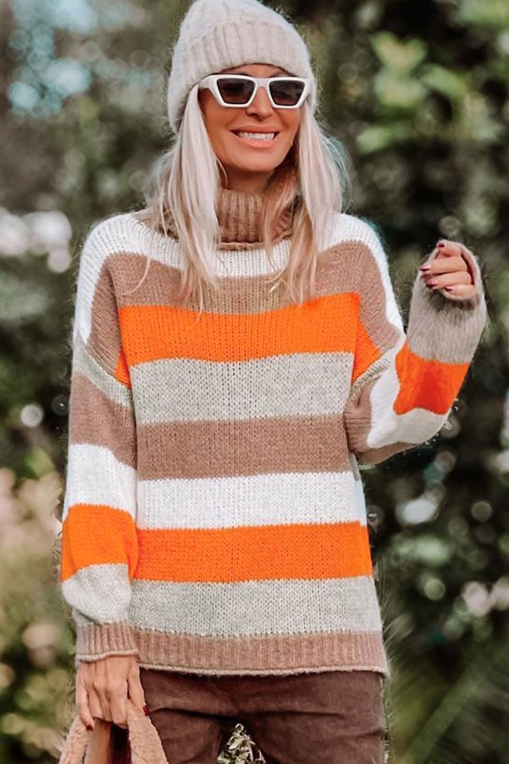 TEEK - Orange Beige Color Block Striped Turtleneck Sweater TOPS TEEK Trend