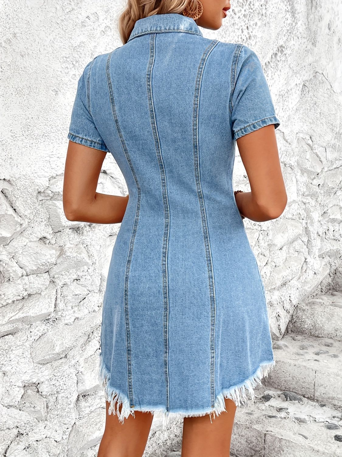 TEEK - Raw Hem Button Up Short Sleeve Light Wash Denim Dress  TEEK Trend   