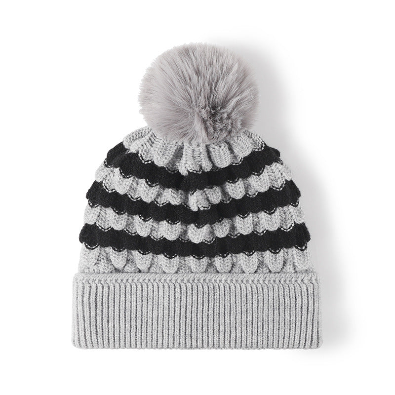 TEEK - Striped Contrast Knit Hat with Pom-pom HAT TEEK Trend Gray