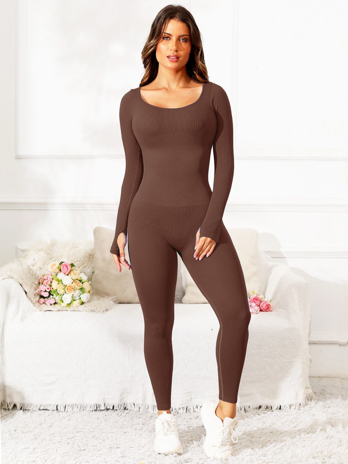 TEEK - Scoop Neck Long Sleeve Active Jumpsuit  TEEK Trend Brown S 