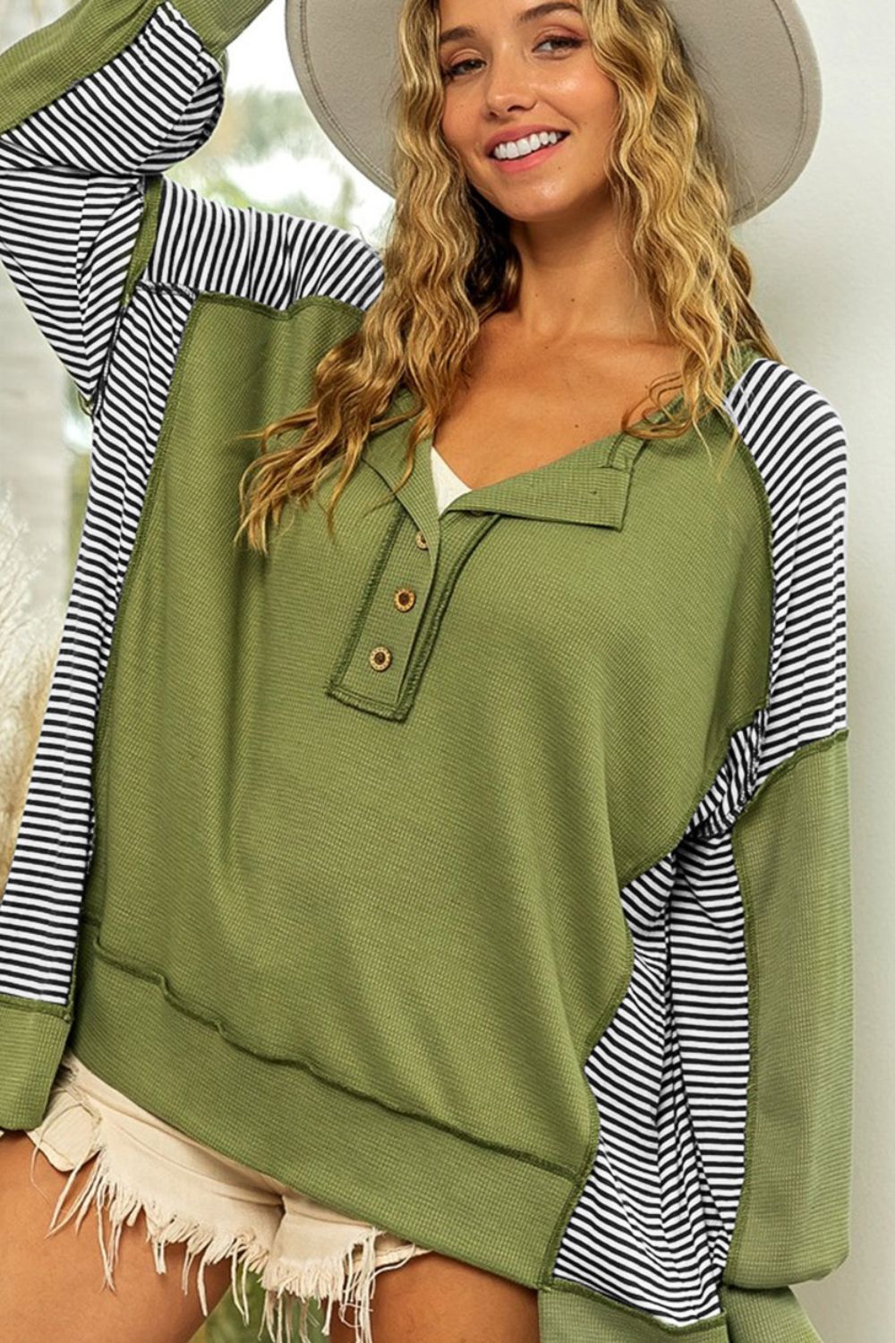 TEEK - Moss Striped Exposed Seam Half Button Sweatshirt TOPS TEEK Trend