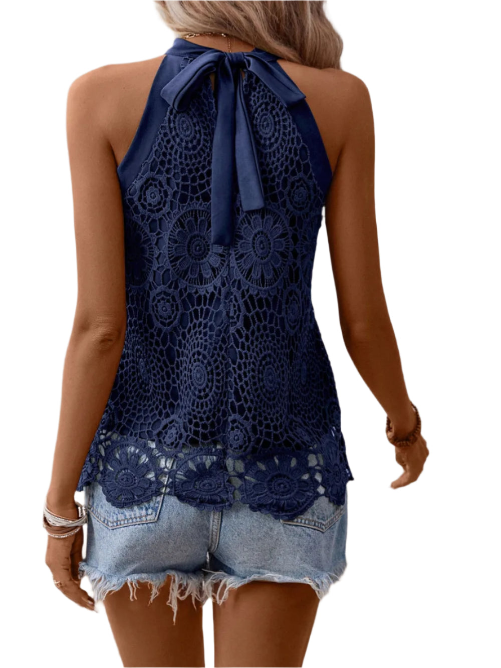 TEEK - Lace Grecian Neck Tie Back Top TOPS TEEK Trend Navy S