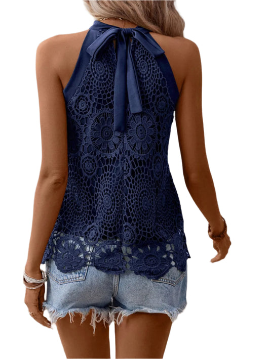 TEEK - Lace Grecian Neck Tie Back Top TOPS TEEK Trend Navy S