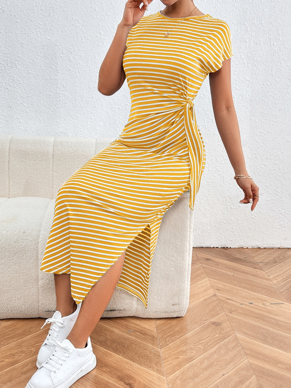 TEEK - Tied Striped Round Neck Short Sleeve Tee Dress DRESS TEEK Trend Yellow S 