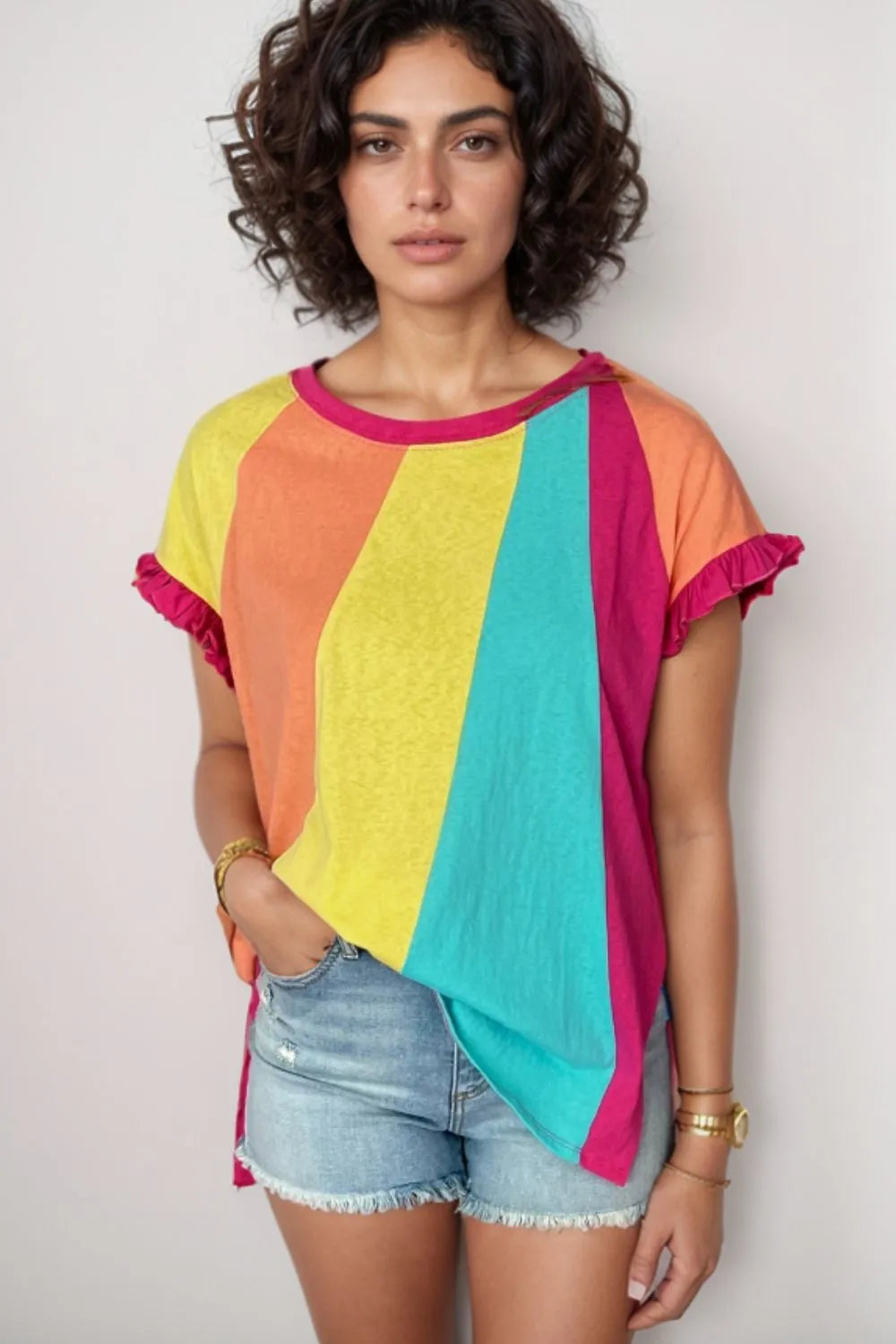 TEEK - Frill Color Block Crew Neck Loose Fit T Shirt TOPS TEEK Trend
