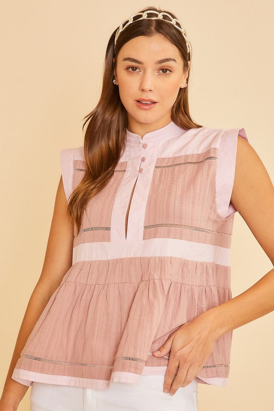 TEEK - Dusty Pink Contrast Trim Peplum Button Blouse TOPS TEEK Trend