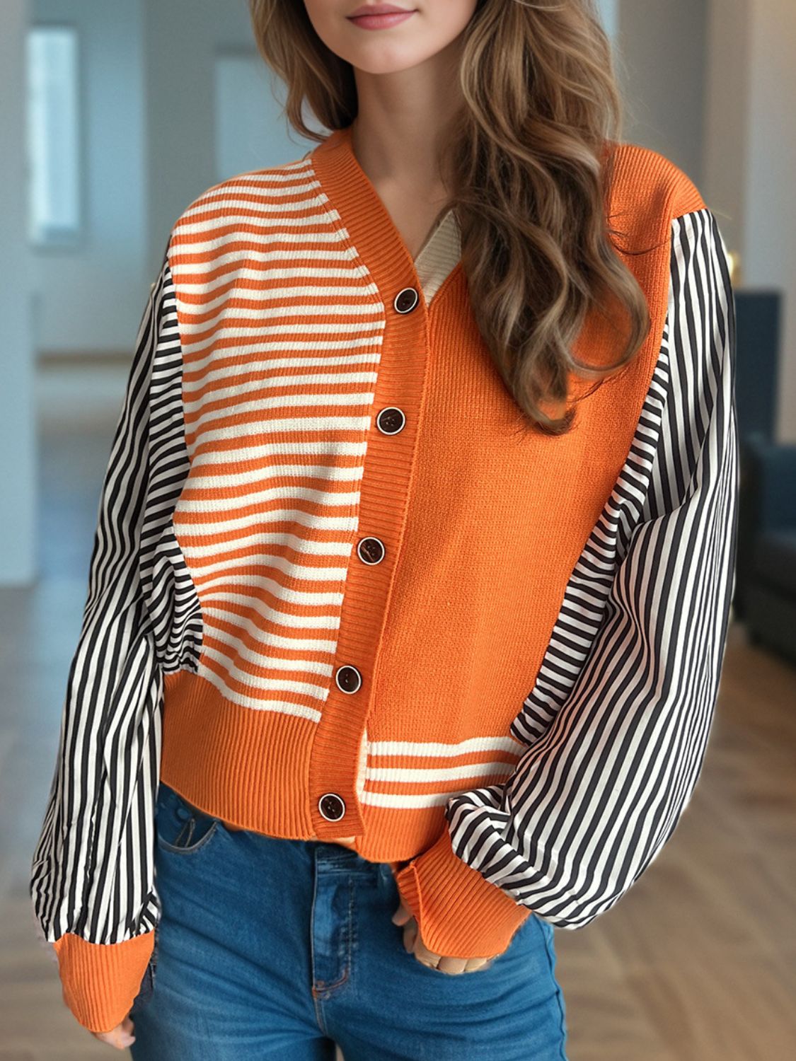 Striped Button Down Long Sleeve Cardigan TEEK Trend