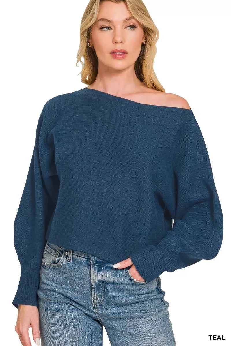 Zenana Boat Neck Balloon Sleeve Sweater Trendsi