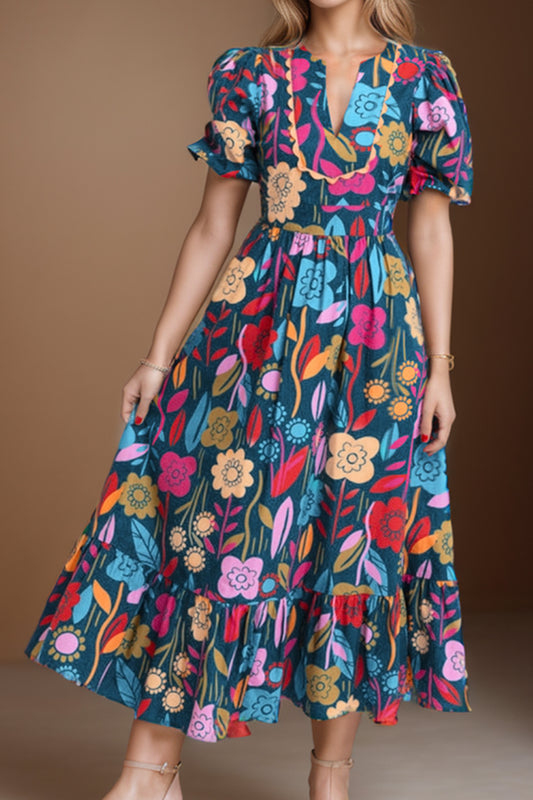 Printed Notched Puff Sleeve Midi Dress  TEEK Trend Multicolor S 