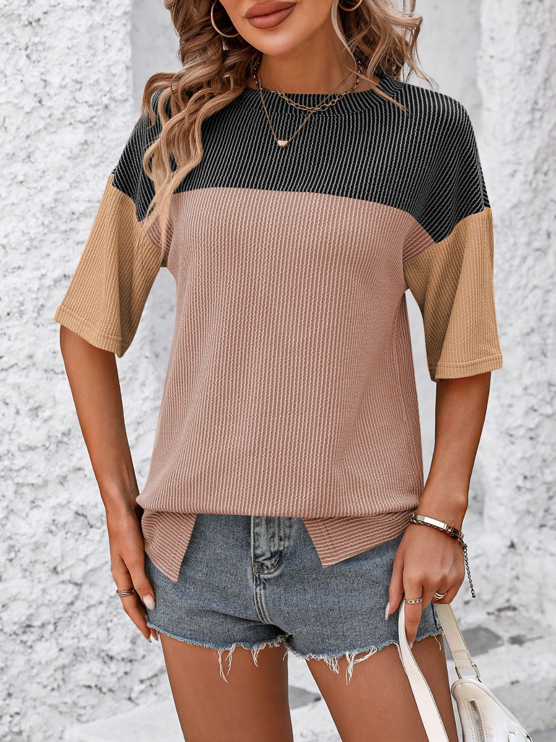TEEK - Tri-Color Block Round Neck Half Sleeve T-Shirt TOPS TEEK Trend Black/Camel S 