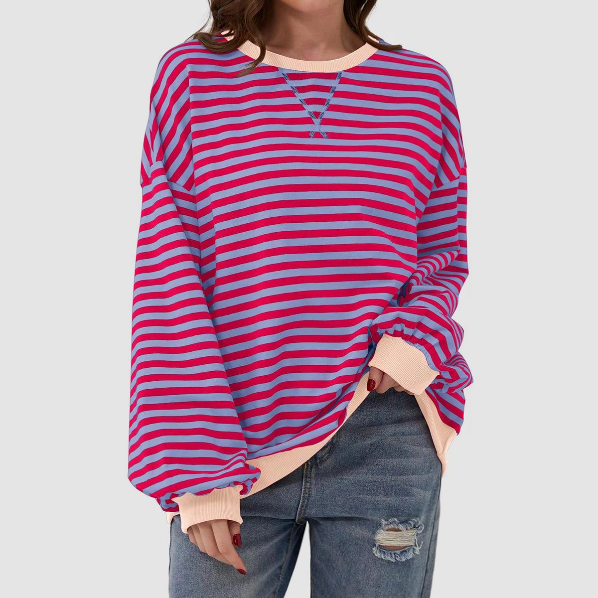 TEEK - Striped Round Neck Long Sleeve Shirt TOPS TEEK Trend Cerise S 