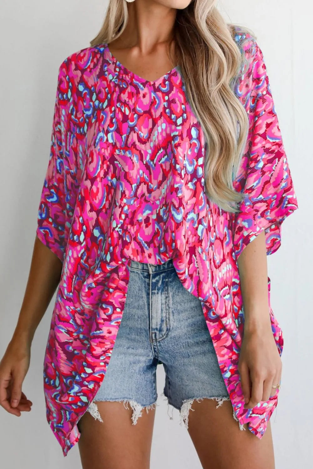 TEEK - Abstract Print V-Neck Half Sleeve Loose Fit Blouse TOPS TEEK Trend Fuchsia Pink S