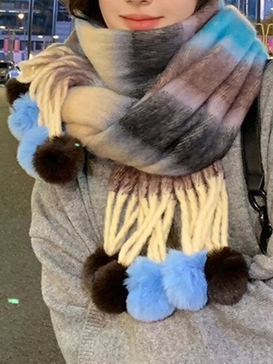 Striped Scarf with Pom-Poms Trendsi Sky Blue One Size