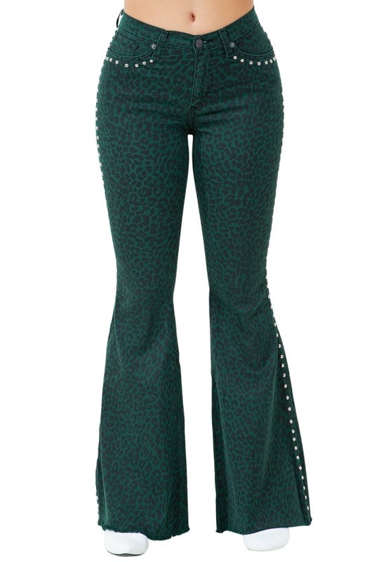 TEEK - Green Leopard Studded Bell Bottom Jeans JEANS TEEK FG