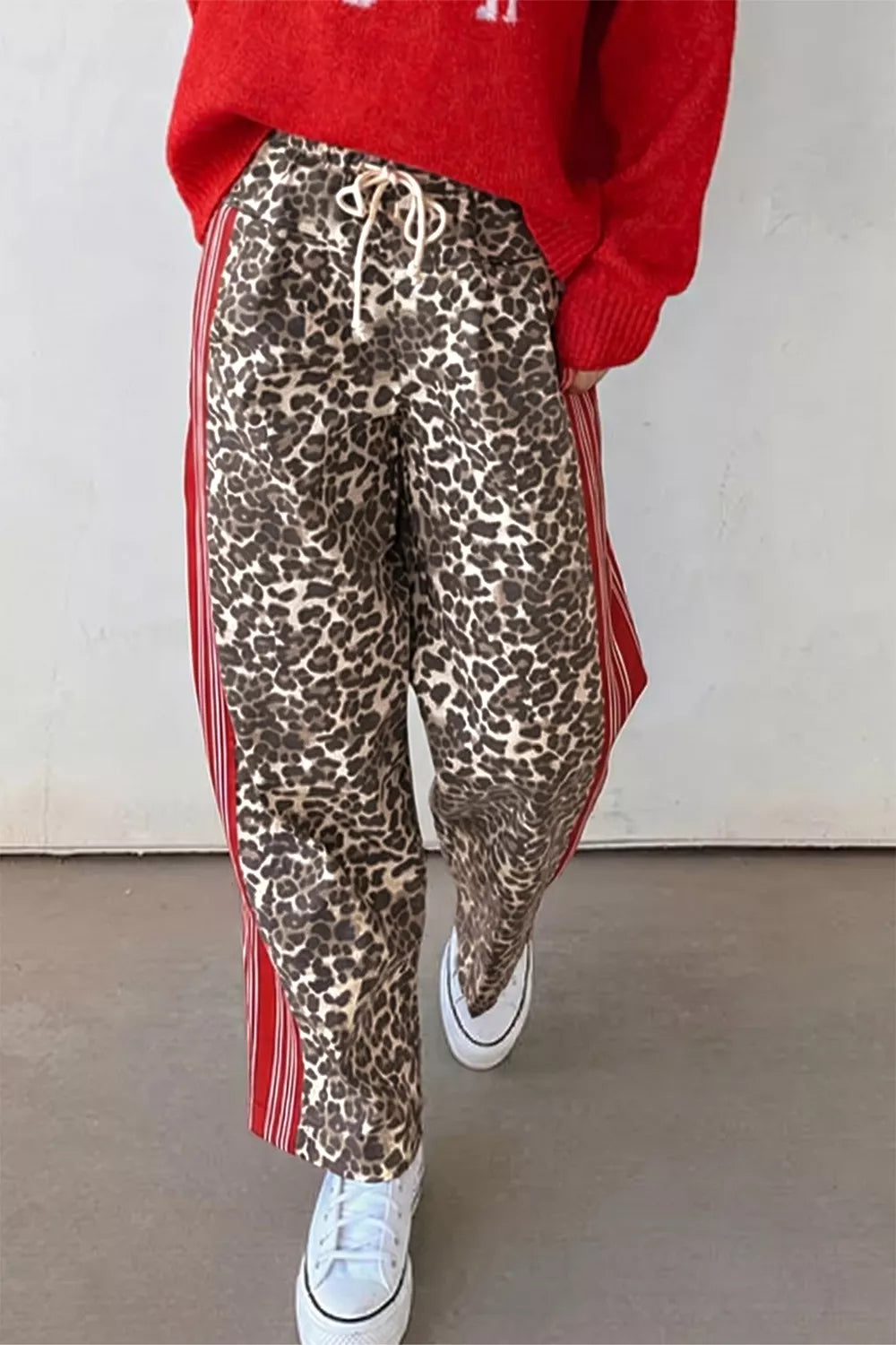 Leopard Patchwork Elastic Waist Jeans Trendsi