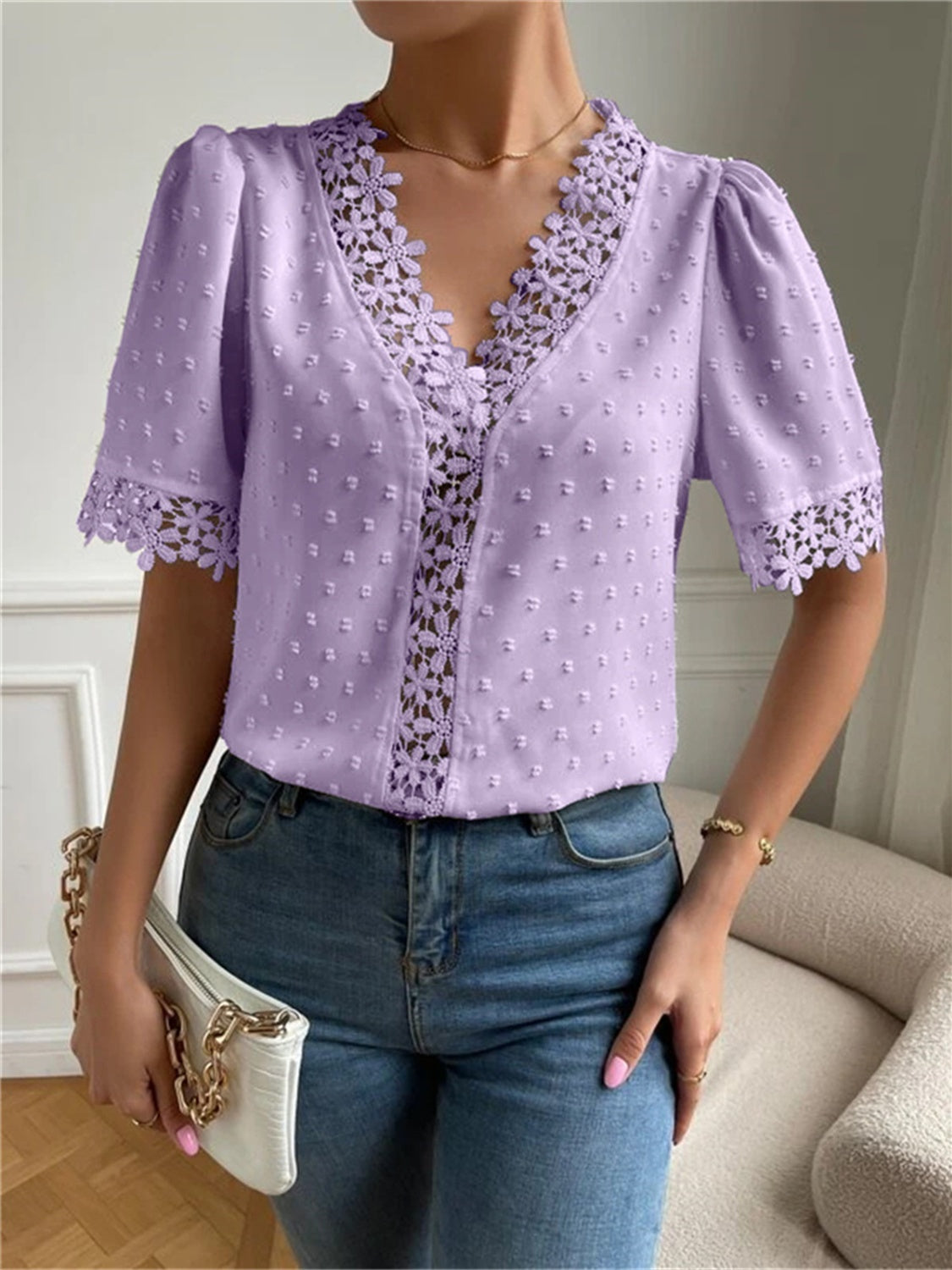 TEEK - Swiss Dot V-Neck Short Sleeve Blouse TOPS TEEK Trend Lilac S 