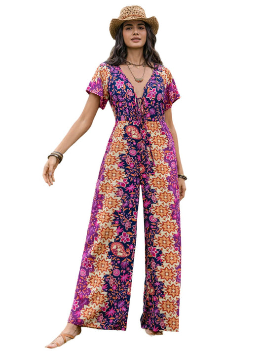 TEEK - Purple Tied V-Neck Short Sleeve Jumpsuit JUMPSUIT TEEK Trend S  