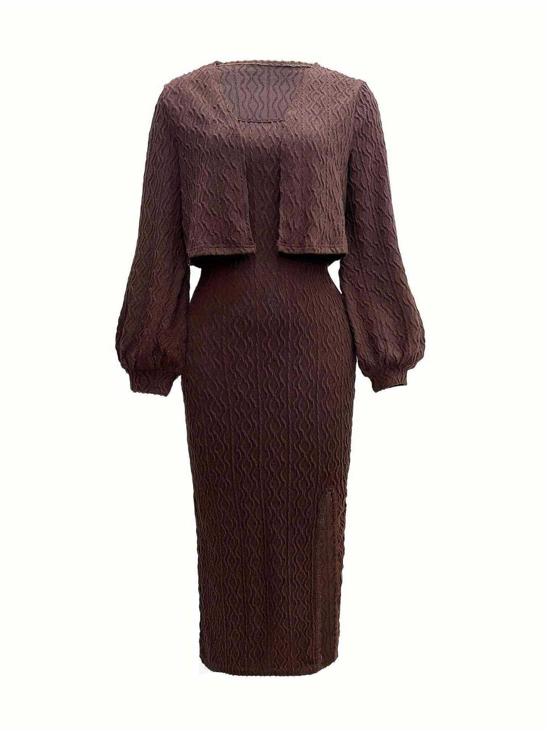 TEEK - Brown Long Sleeve Cardigan Side Slit Cami Dress Set SET TEEK Trend