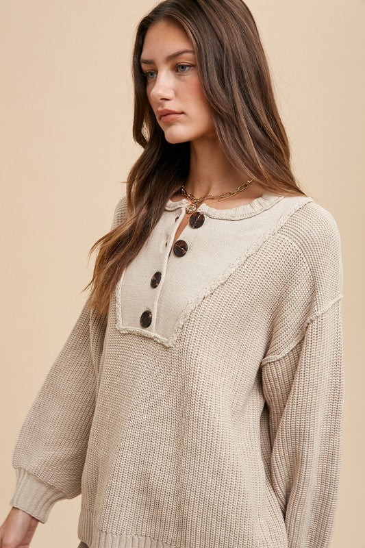 TEEK - Oatmeal Half Button Ribbed Hem Sweater TOPS TEEK Trend