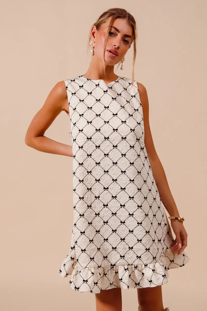 TEEK - Ivory Texture Bow Print Ruffle Dress DRESS TEEK Trend