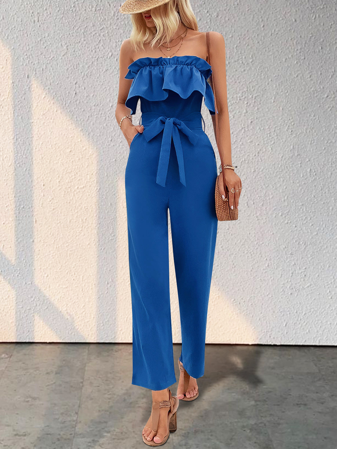 TEEK - Royal Blue Ruffled Tie Waist Tube Jumpsuit JUMPSUIT TEEK Trend   