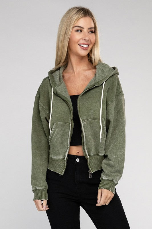 TEEK - Acid Wash Fleece Cropped Zip-Up Hoodie JACKET TEEK FG   