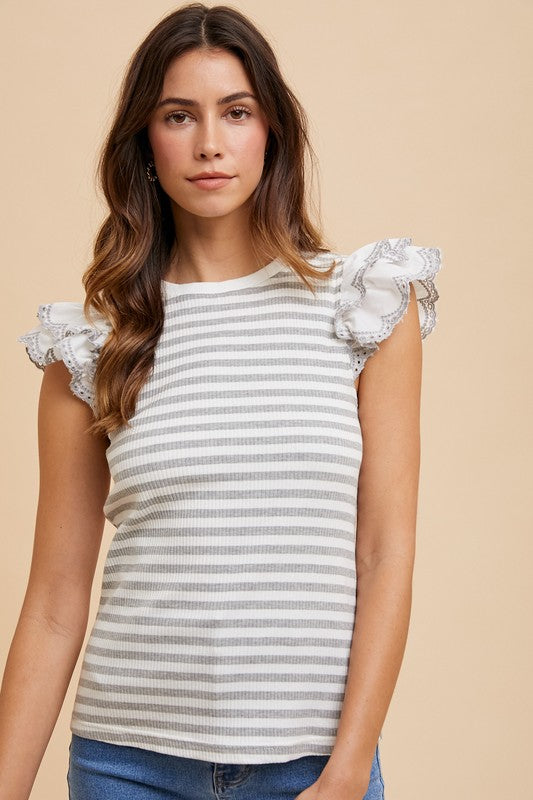 TEEK - Light Grey Ruffled Striped Round Neck Cap Sleeve Knit Top TOPS TEEK Trend