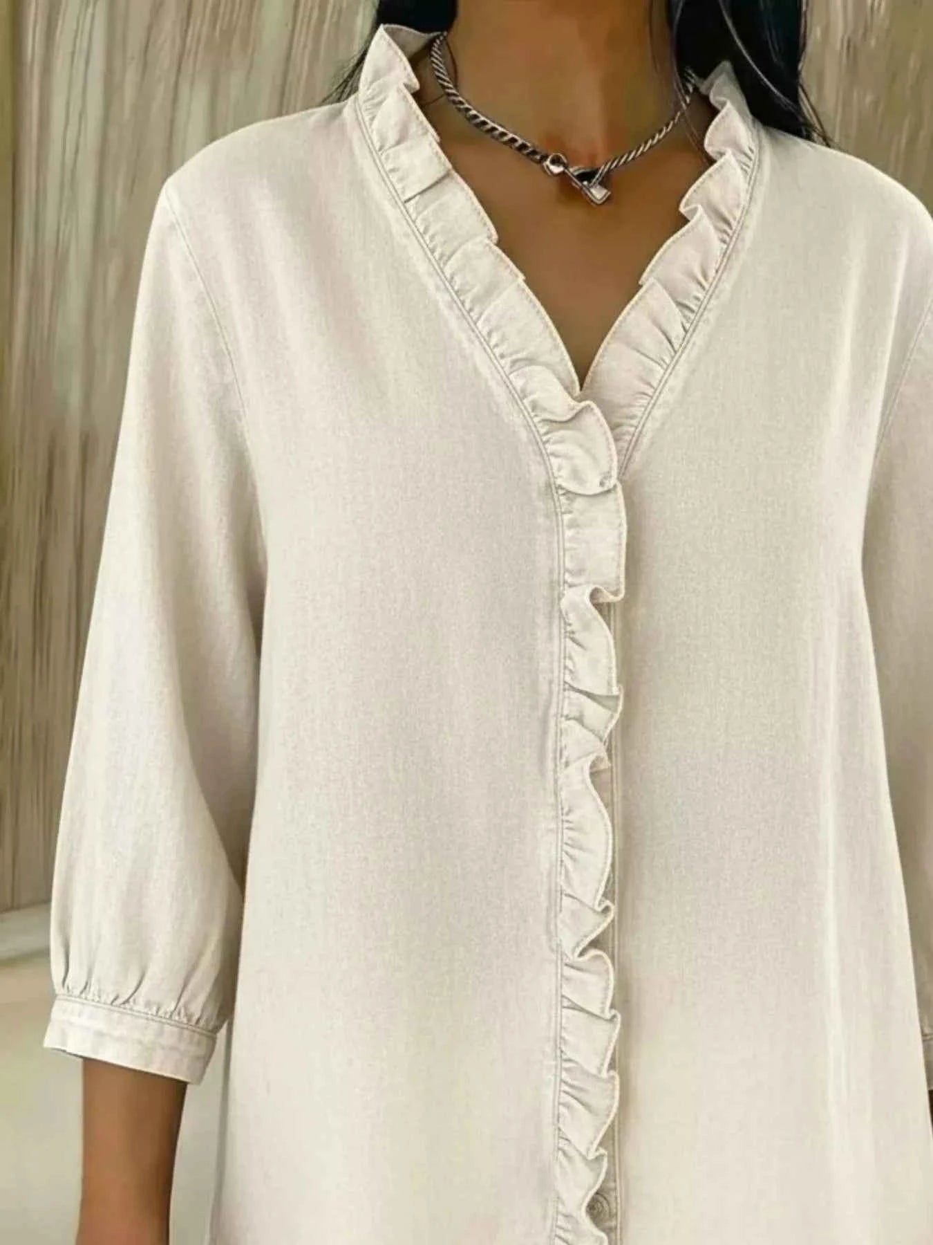 TEEK - Full Size V-Neck Ruffled Button Down Shirt Plus Size TOPS TEEK Trend