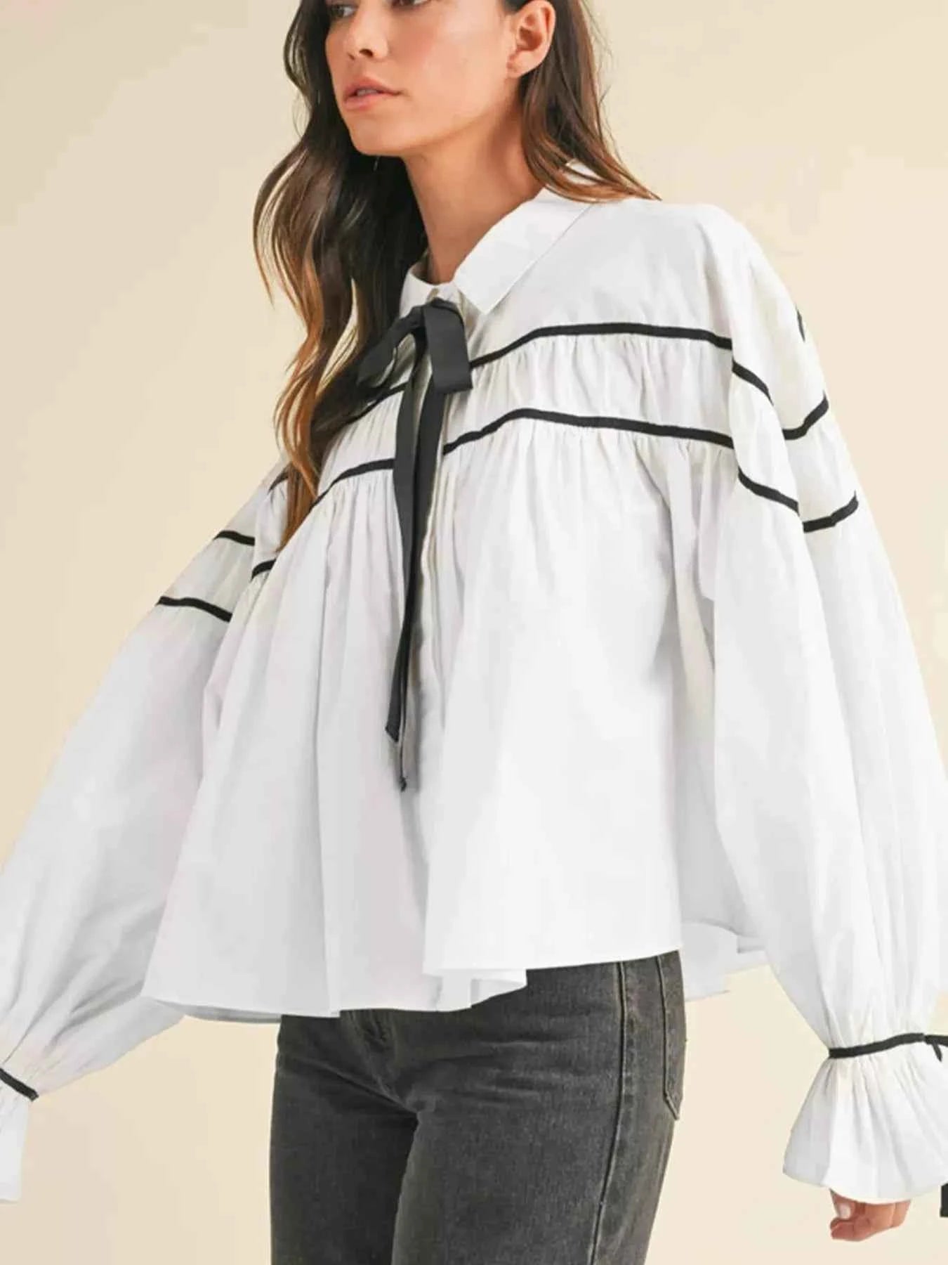 TEEK - Elegant Contrast Bow-Tie Ruffle Blouse TOPS TEEK Trend