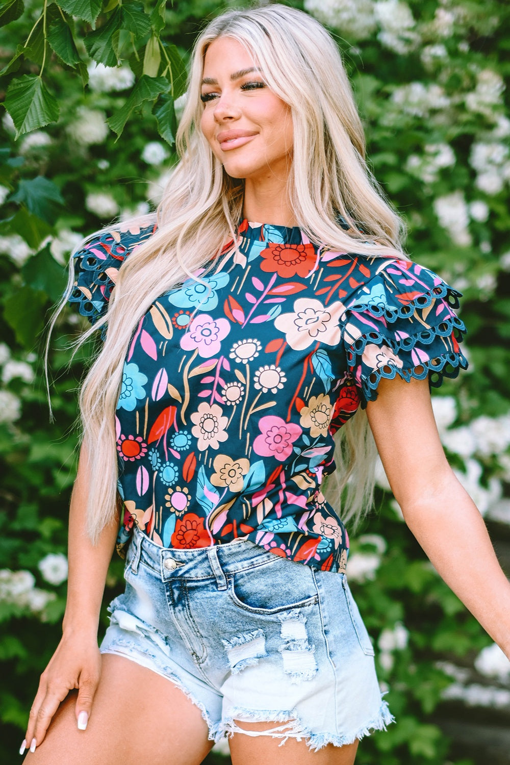 TEEK - Floral Printed Round Neck Short Sleeve Blouse TOPS TEEK Trend   