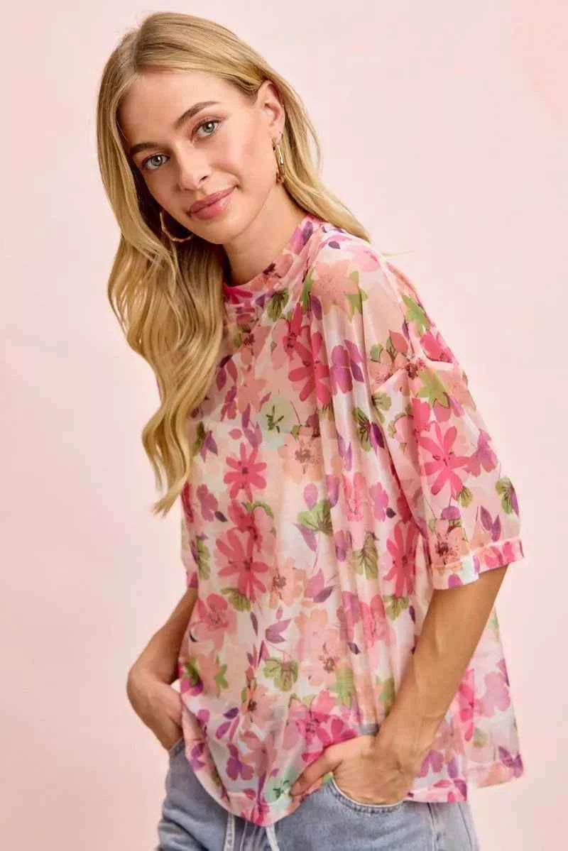 BiBi Floral Print Short Sleeves Boxy Mesh Top Trendsi