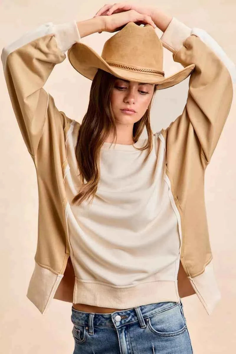 TEEK - French Terry Color Block Top With Open Seam Detail Trendsi