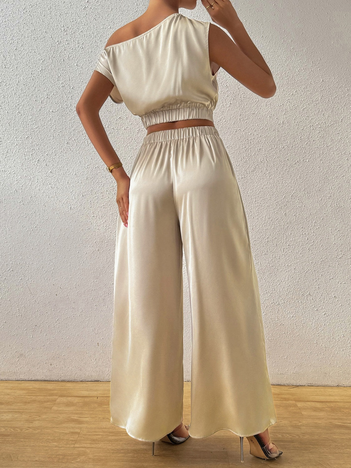 TEEK - Khaki One Shoulder Short Sleeve Top Wide Leg Pants Set SET TEEK Trend   