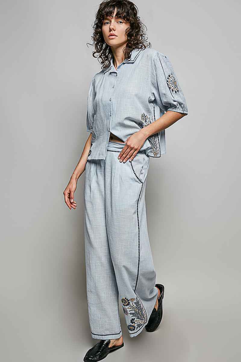 POL Button Down Embroidered Floral Short Sleeve Shirt Trendsi