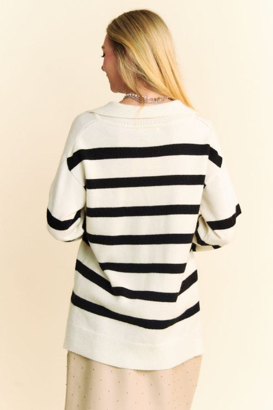 TEEK - White High-Low Side Slit Striped Johnny Collar Sweater TOPS TEEK Trend