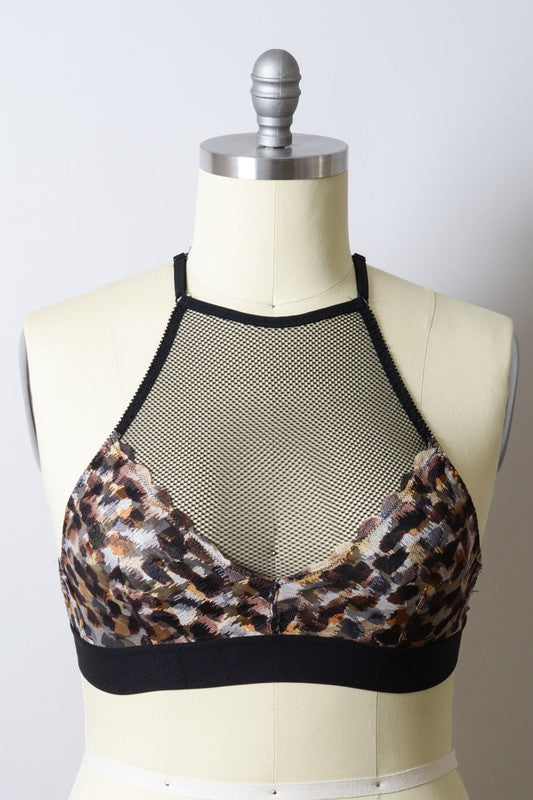 TEEK - Plus Size Multi-Brown Mesh Print High Neck Bralette BRA TEEK FG   